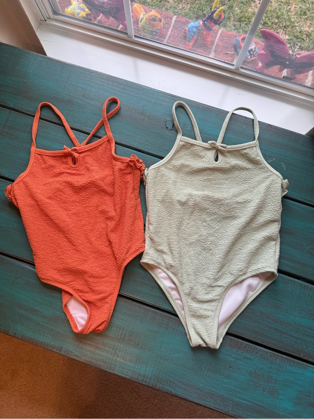 Girls' Textured One-Piece Swimsuit in Orange and Light Green - Classic Straps